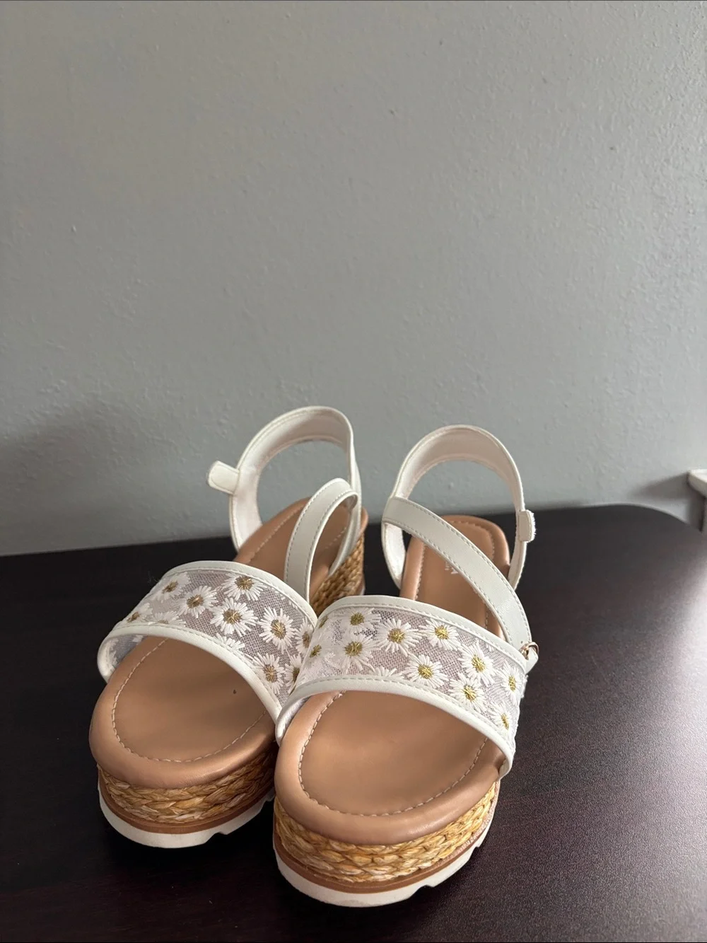 Girls White Daisy Espadrille Wedge Sandals with Ankle Strap